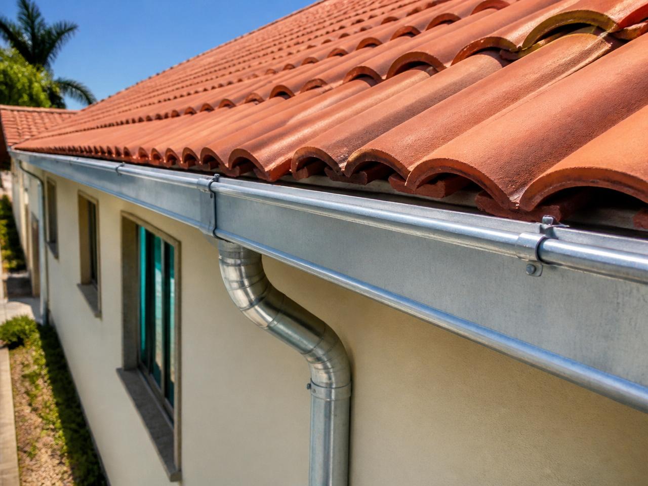 Detalhe de calha galvanizada instalada em telhado